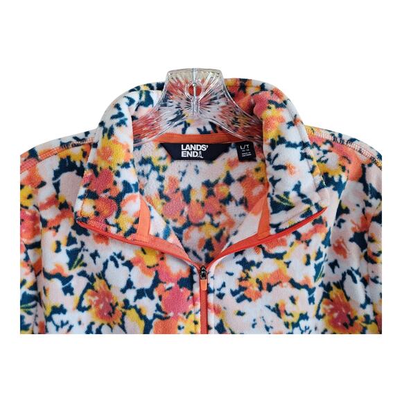 LANDS END Women's Tall L LT Fleece 1/4 Zip Top Floral Orange Green Soft 42" - Picture 4 of 8